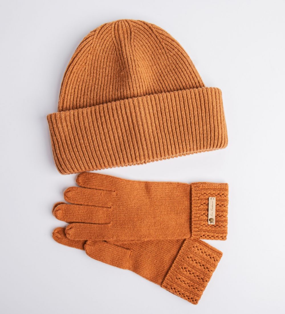 LEEZ Women Knit Gloves & Beanie 2 PCS Set - Brown